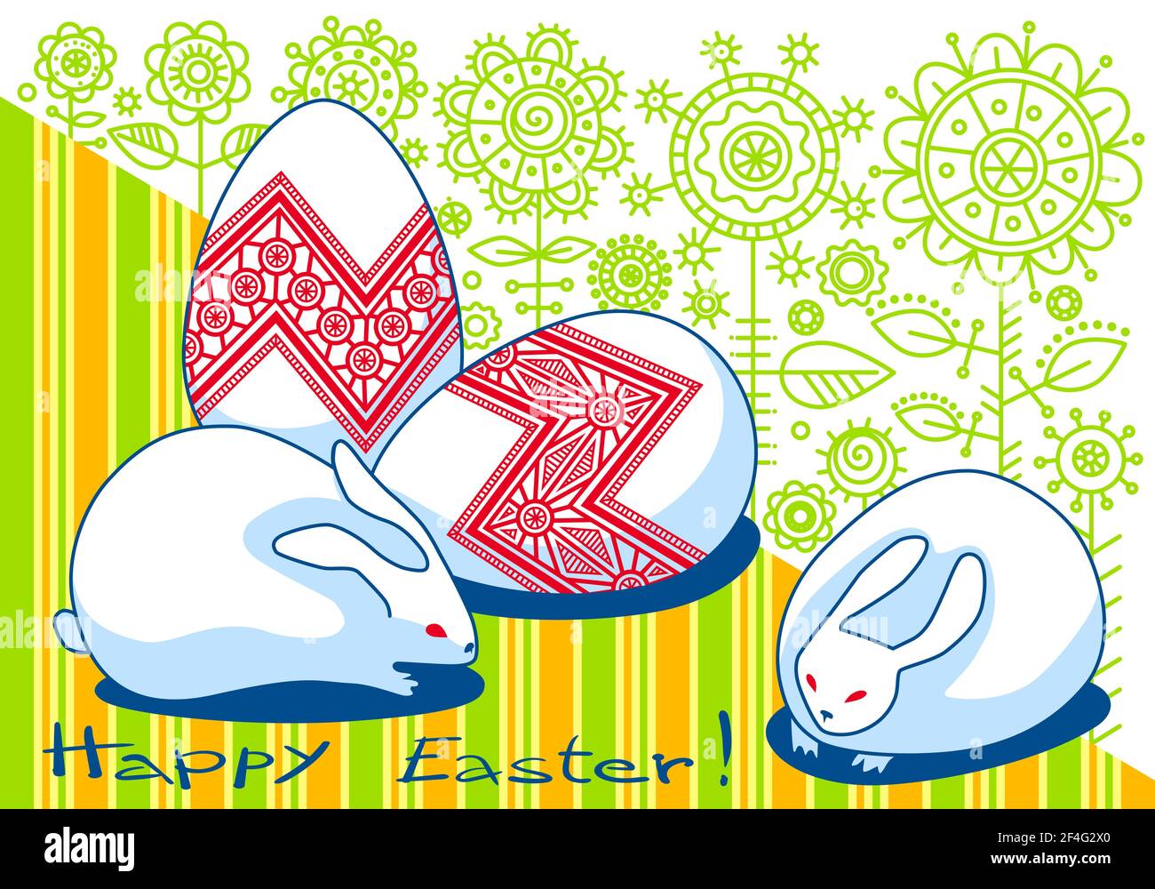 Happy easter. Creative composition of white rabbits and eggs against a background of yellow-green stripes and decorative flowers. Stock Vector