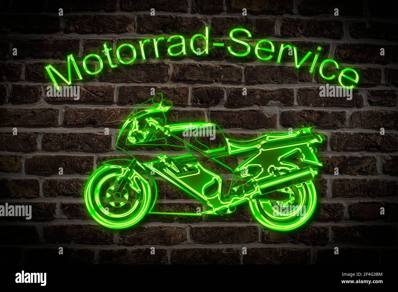 Leuchtreklame für einen Motorrad-Service ein Motorrad befindet sich  unterhalb der Neon-Schrift | Illuminated advertisement for a Motorbike  service a M Stock Photo - Alamy