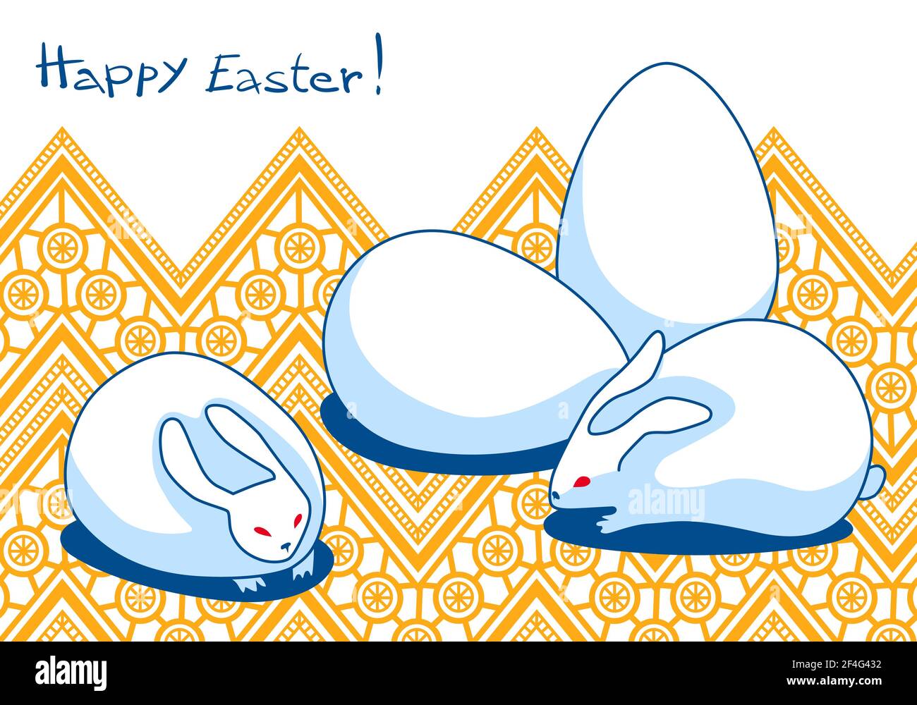 Happy easter. Creative card with stylized white rabbits and eggs on the background of ethnographic geometric ornament. Stock Vector