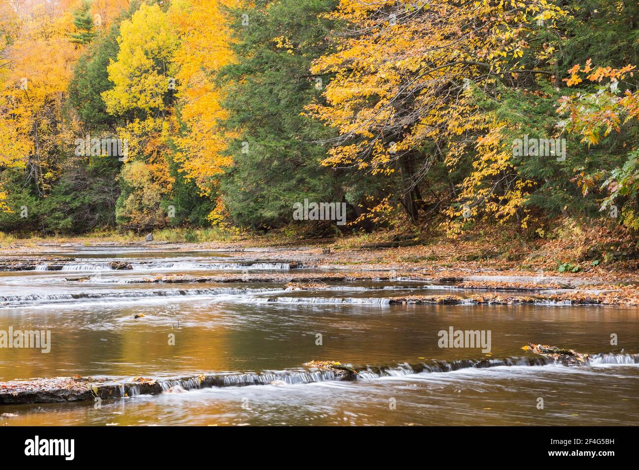 Rivière de l'Achigan with cascading waterfalls in autumn, SaintRochde