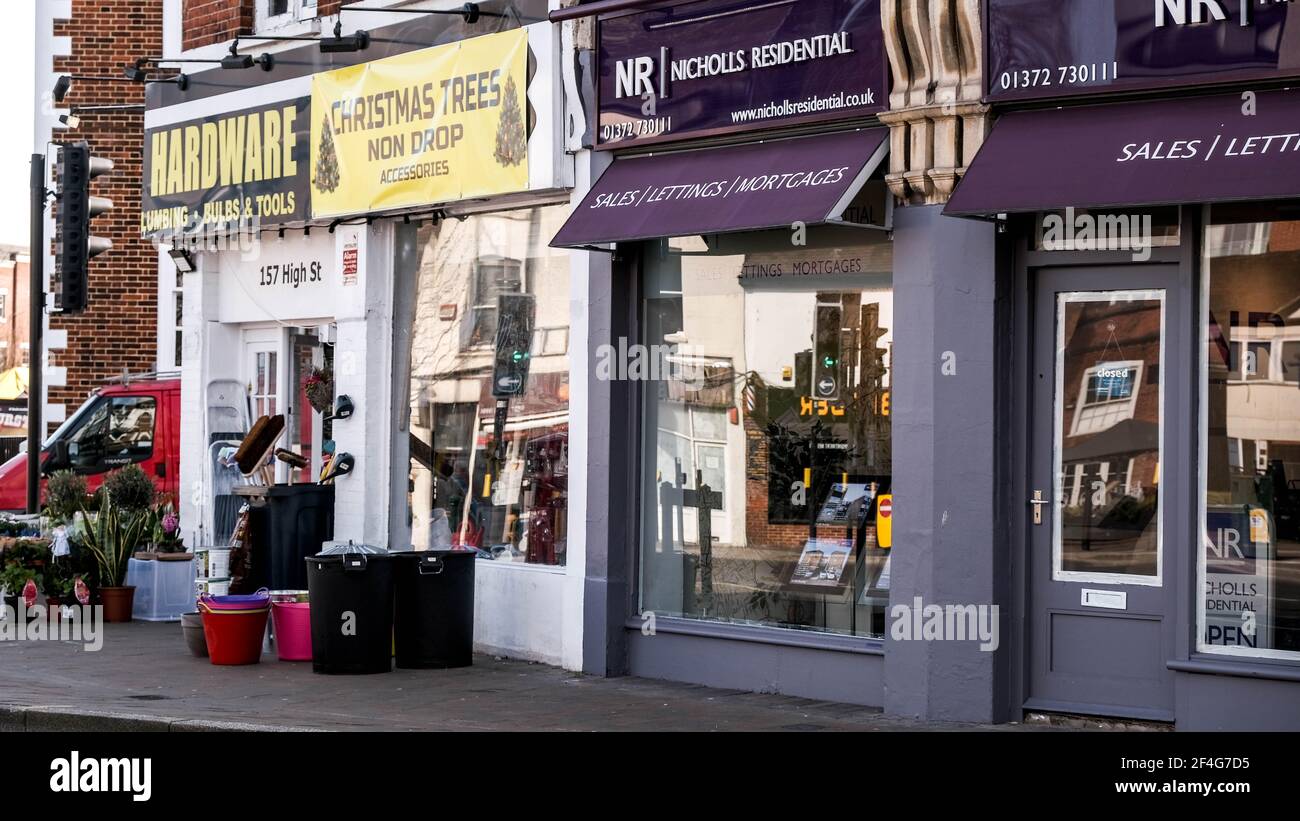 Epsom London UK, March21 2021, A Household Hardware Store And Residential Estate Agents On A