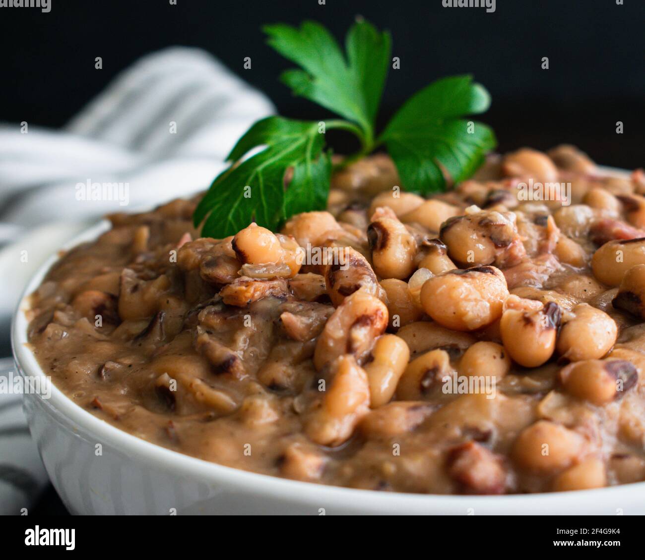 Southern Style BlackEyed Peas Closeup view of a bowl of cooked