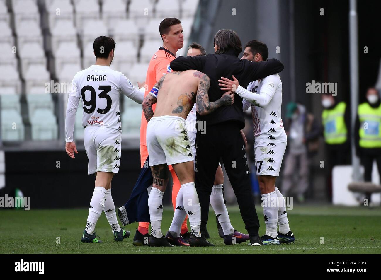 Turin, Italy. 21st Mar, 2021. Benevento players celebrate with Filippo Inzaghi coach of Benevento Calcio at the end of the Serie A football match between Juventus FC and Benevento Calcio at Allianz stadium in Torino (Italy), March 21th, 2021. Photo Federico Tardito/Insidefoto Credit: insidefoto srl/Alamy Live News Stock Photo