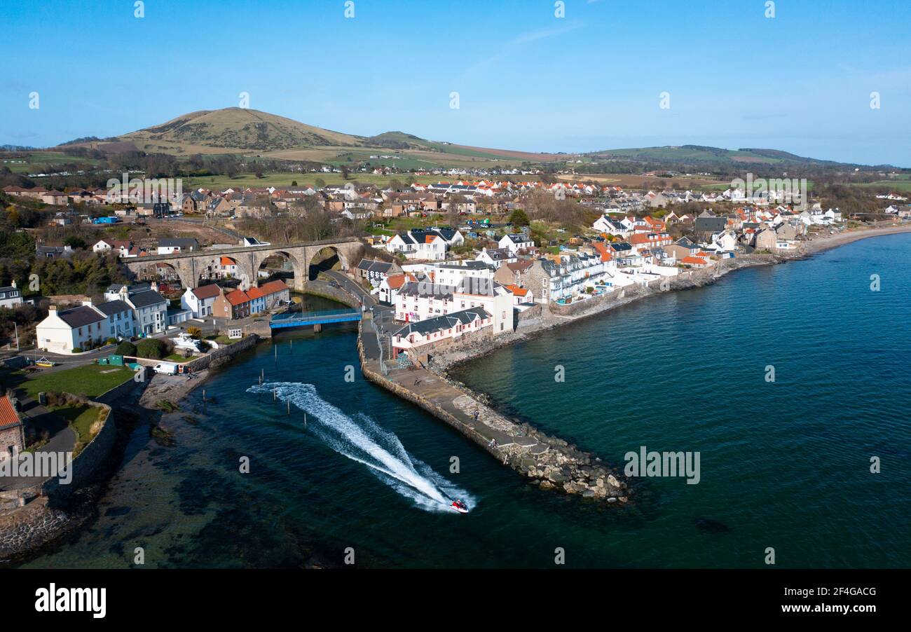Aerial view of Lower Largo village on coast in Fife, in Scotland, UK Stock Photo