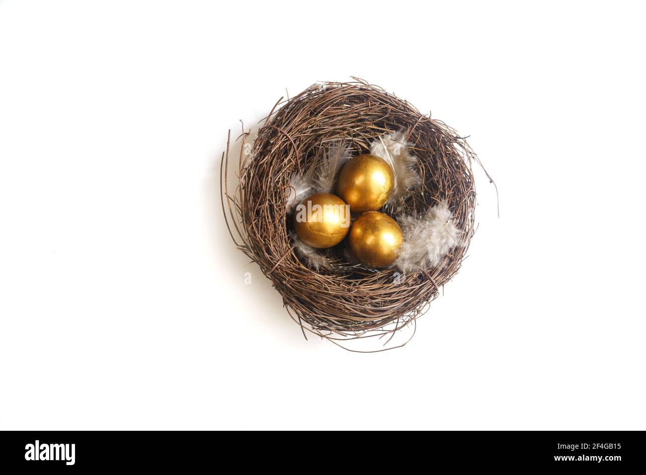 Golden eggs in a birds nest omn a white background Stock Photo