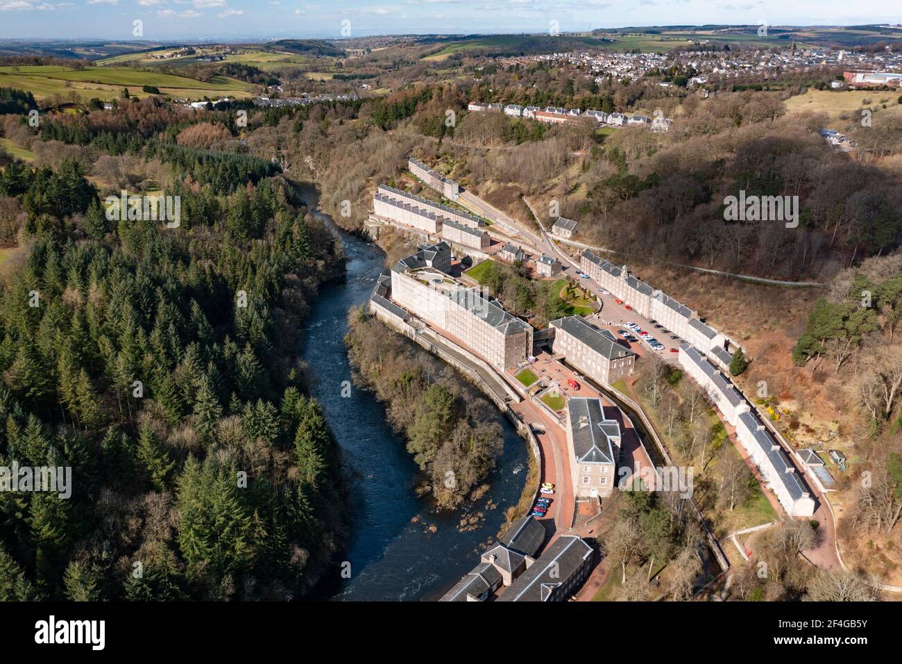 Aerial view of New Lanark conservation village in Lanark, South Lanarkshire, Scotland, UK Stock Photo