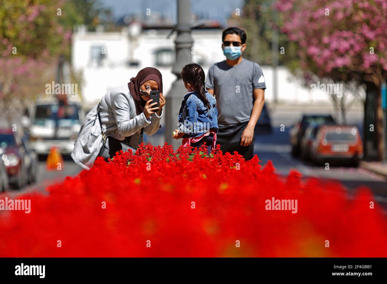 Beirut, Lebanon. 21st Mar, 2021. People take photos with flower