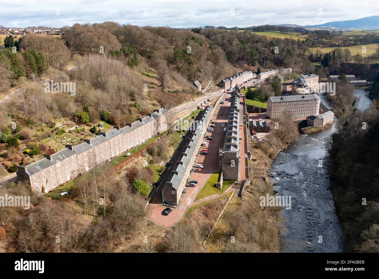 Aerial view of New Lanark conservation village in Lanark, South