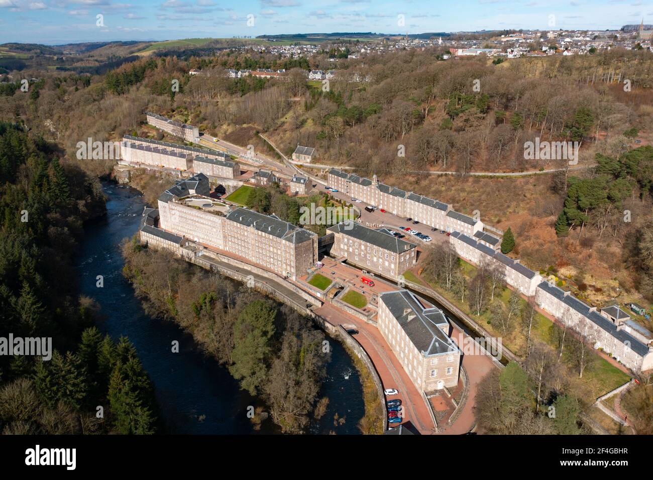 Aerial view of New Lanark conservation village in Lanark, South