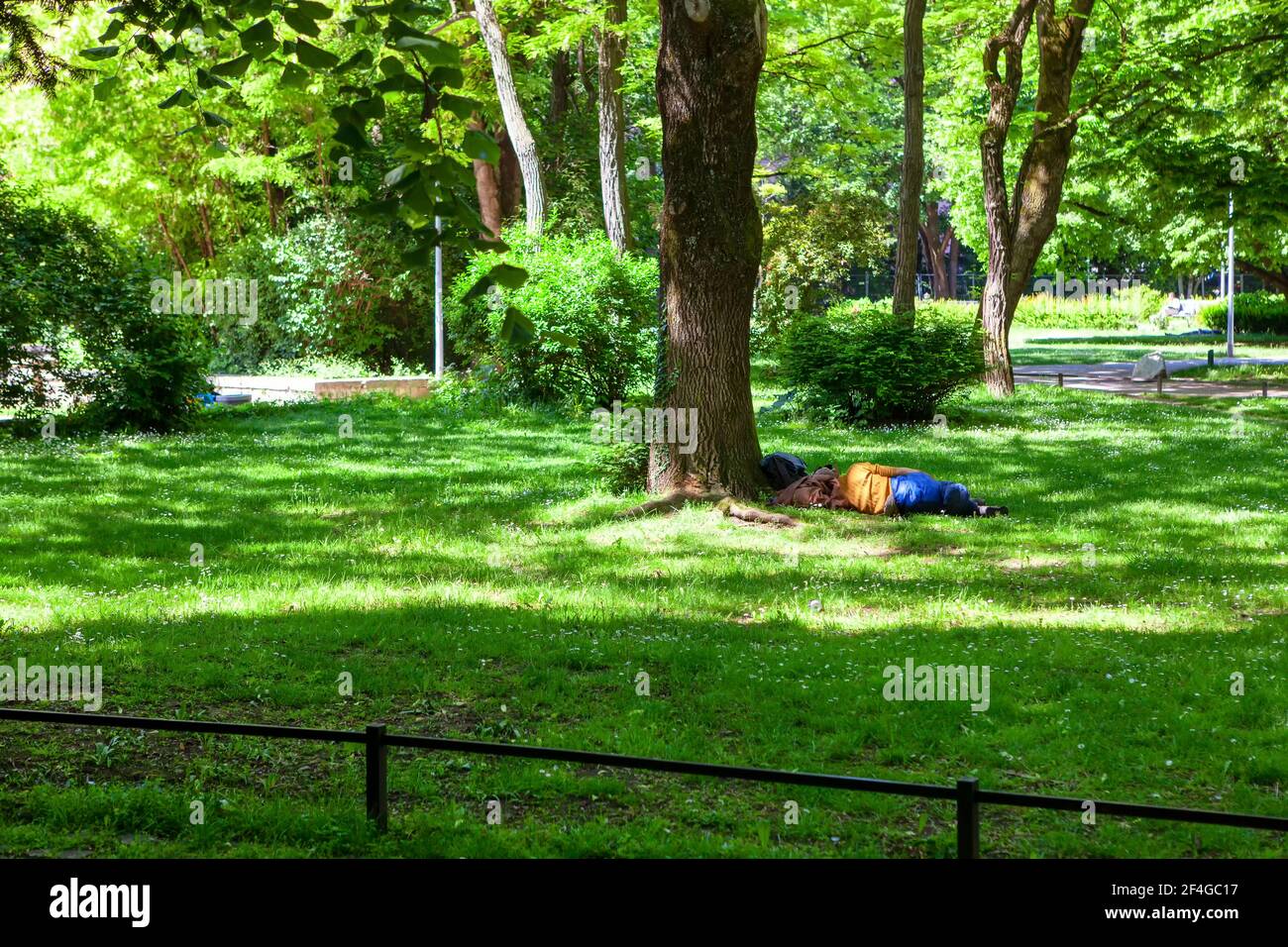 Man Lying in the City Park . Sleeping on the green grass . Carefree lifestyle Stock Photo