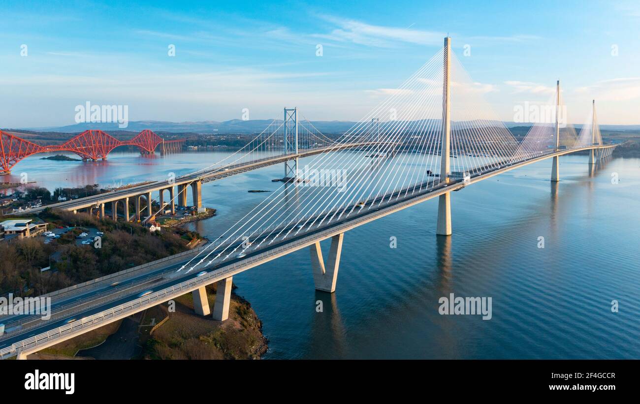 Aerial view of three major bridges crossing River Forth at North Queensferry, closest is Queensferry Crossing Bridge, Scotland UK Stock Photo