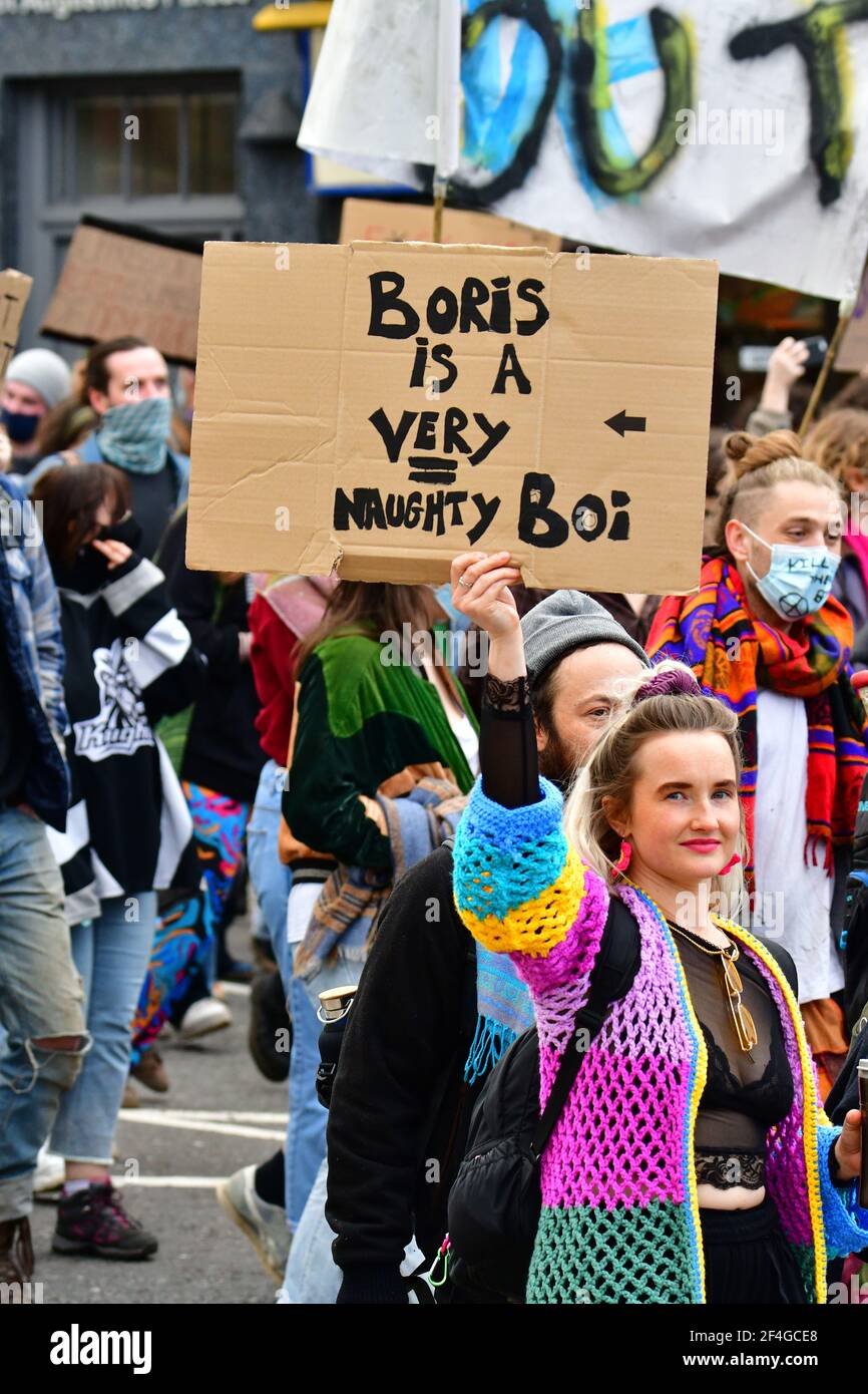 Bristol, UK. 21st Mar, 2021. UK. On a very warm afternoon at College Green Bristol, thousands of people attended a Vigil for Sarah Everard, and then marched with banners through the city chanting Kill the Bill. Picture Credit: Robert Timoney/Alamy Live News Stock Photo