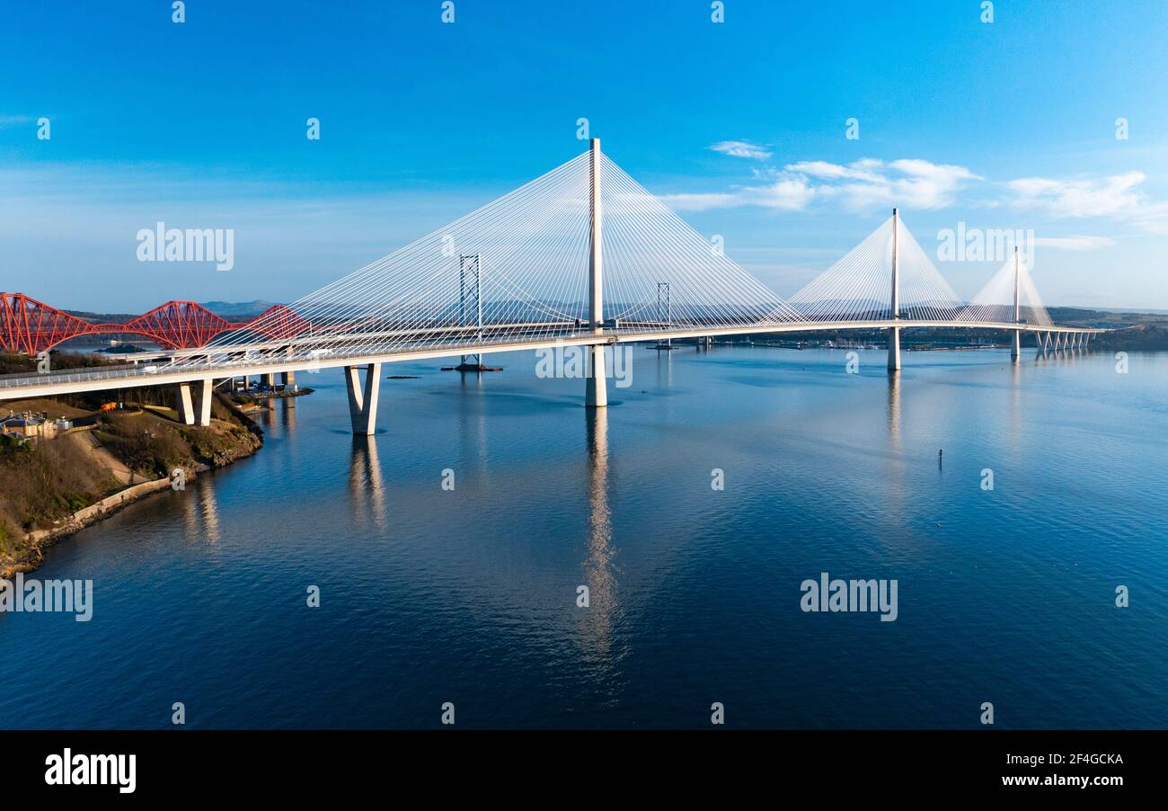 Aerial view of Queensferry Crossing cable-stayed bridge spanning River Forth at North Queensferry, Scotland UK Stock Photo