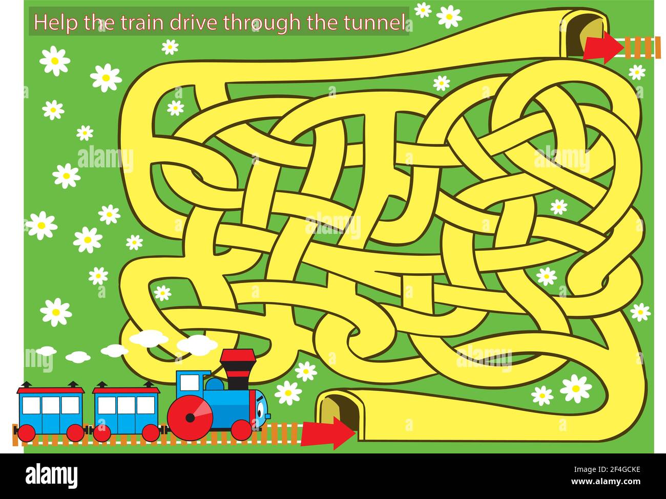 Vector illustration with a labyrinth where you need to help the locomotive find the way out of the tunnel Stock Vector