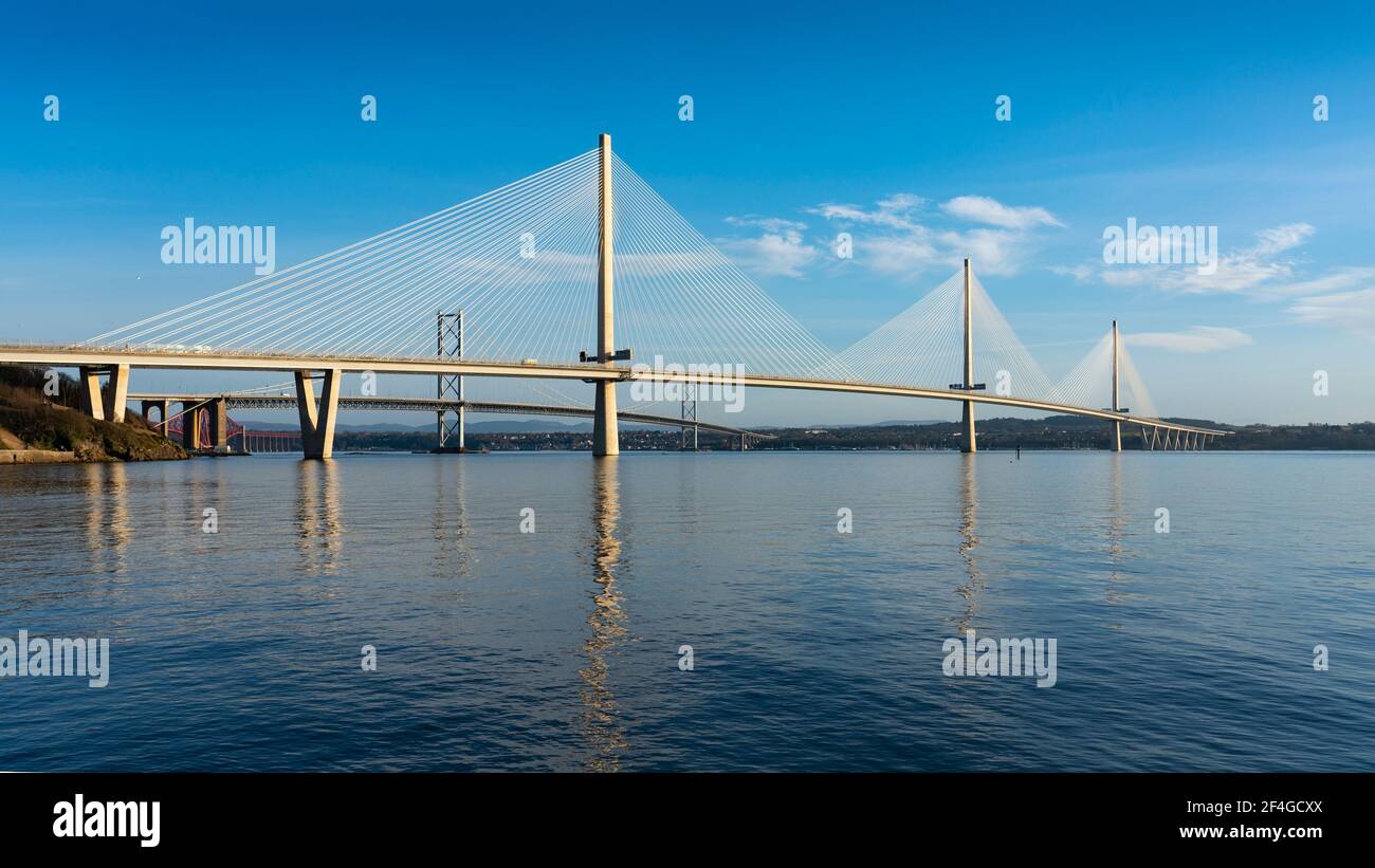 View of Queensferry Crossing long span cable-stayed bridge spanning River Forth at North Queensferry, Scotland UK Stock Photo