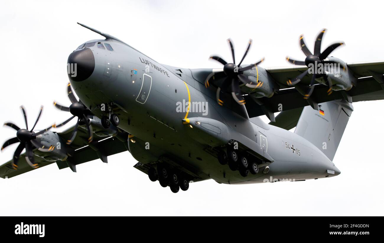 German Air Force Airbus A400M transport plane on approach at Nordholz airbase. Germany - June 14, 2019 Stock Photo