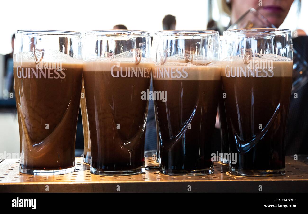 Pints of Guinness are being served in a pub in Dublin, Ireland - February 15, 2014 Stock Photo