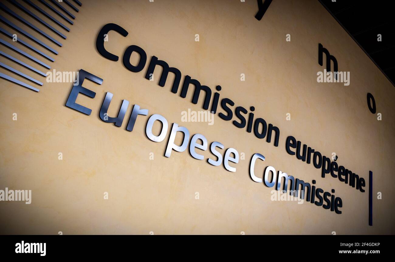 European Commission sign at the entrance of the Berlaymont building in Brussels.  Belgium - July 30, 2014. Stock Photo