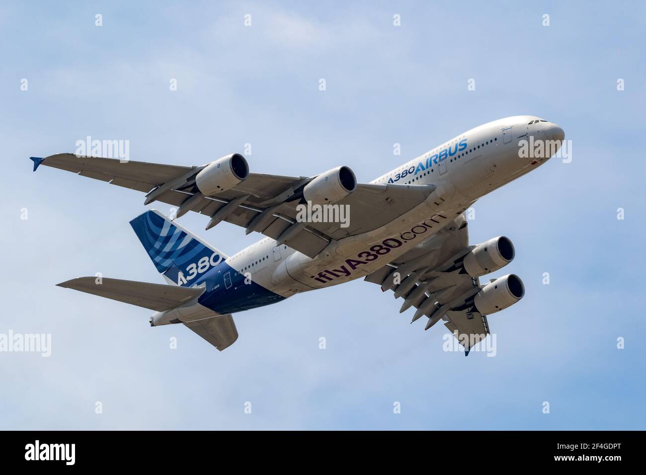 Airbus A380 double-decker passenger plane in flight during the Paris Air Show. France - June 22, 2017 Stock Photo