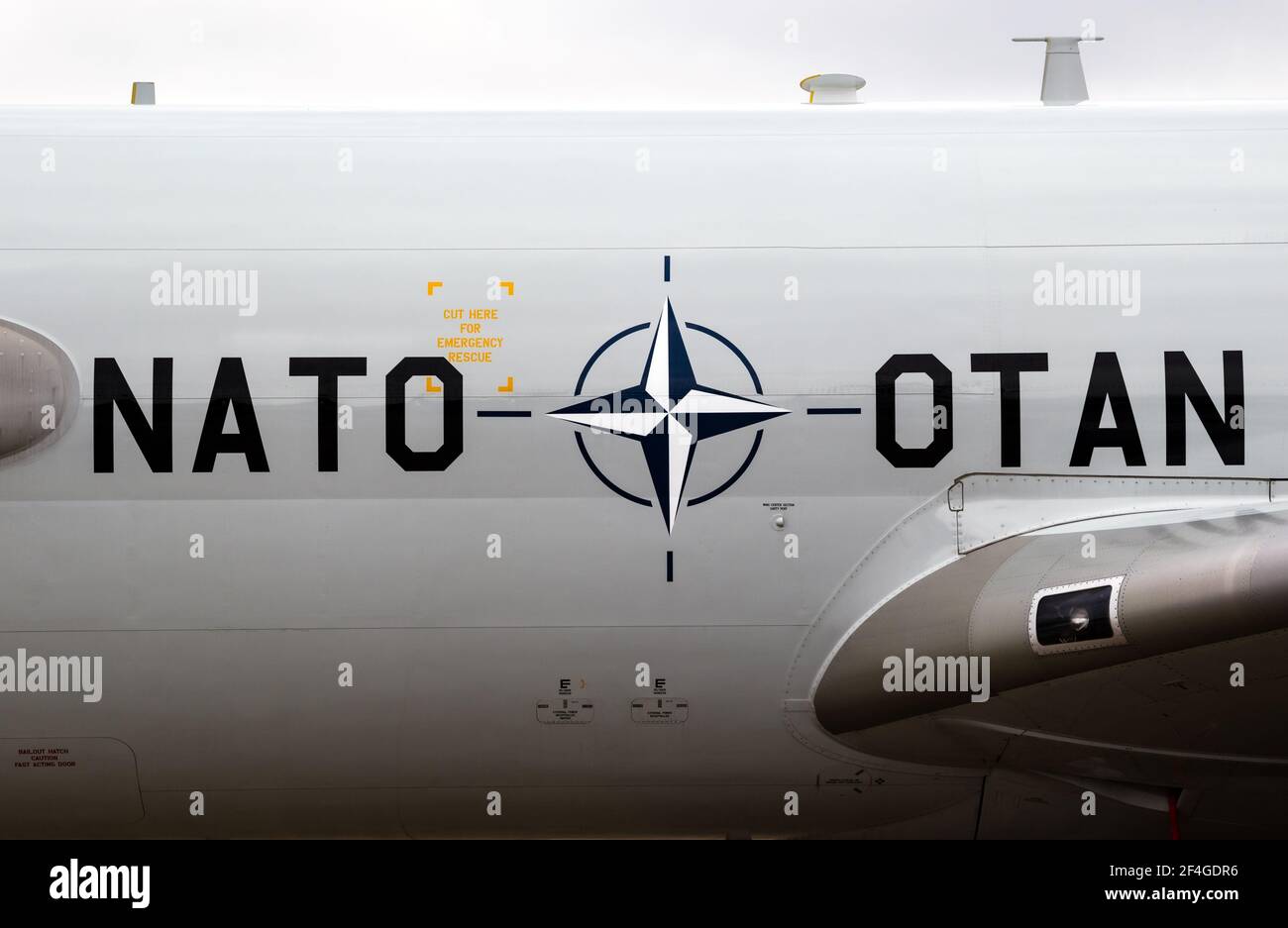 NATO logo and text on a AWACS E-3 Sentry radar plane at Geilenkirchen Air Base, Germany - July 2, 2017 Stock Photo