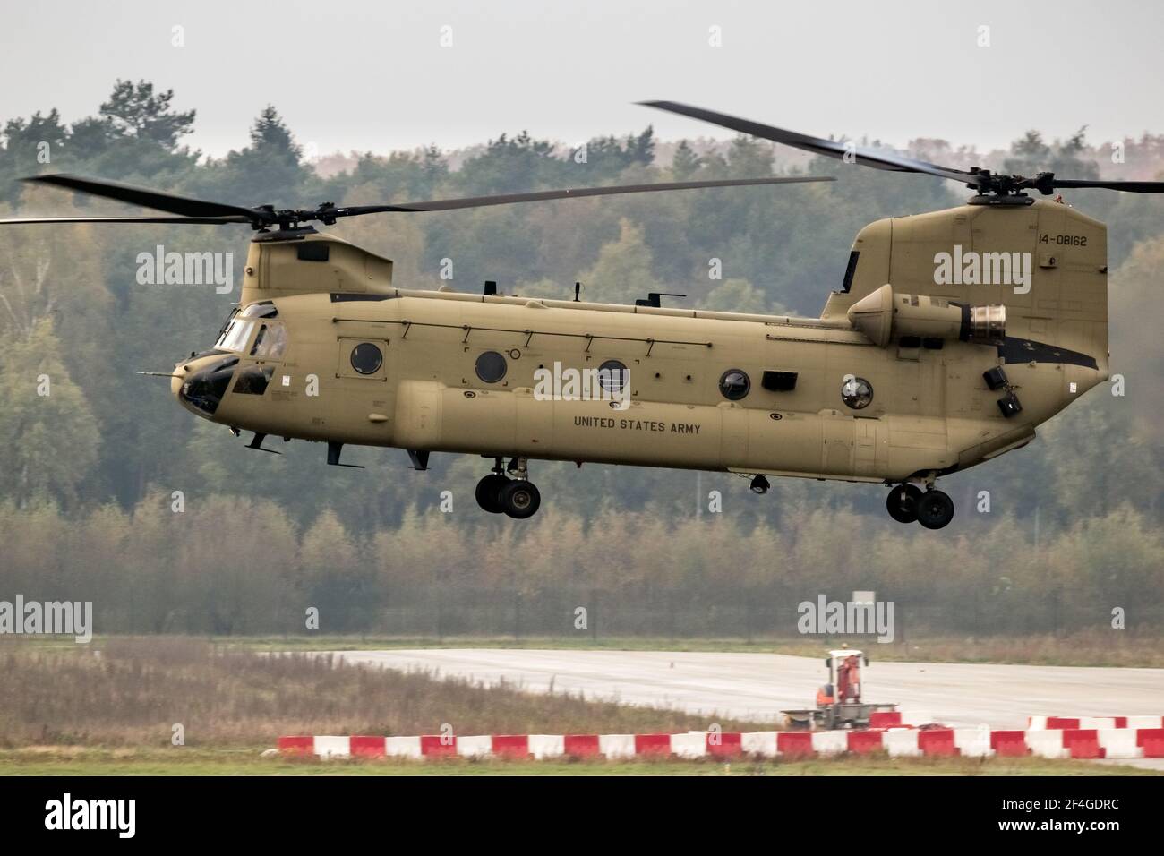 US Army Boeing CH-47F Chinook transport helicopter landing at an airport in The Netherlands - July 2, 2020 Stock Photo