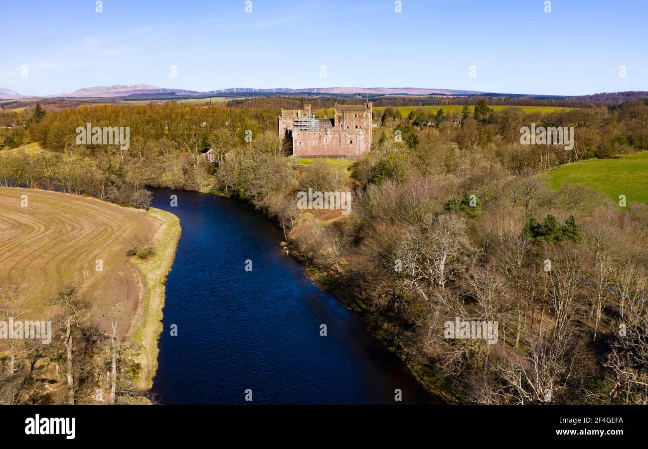 Aerial view of Doune Castle above River Teith near Doune, Stirling District, Central, Scotland, UK Stock Photo