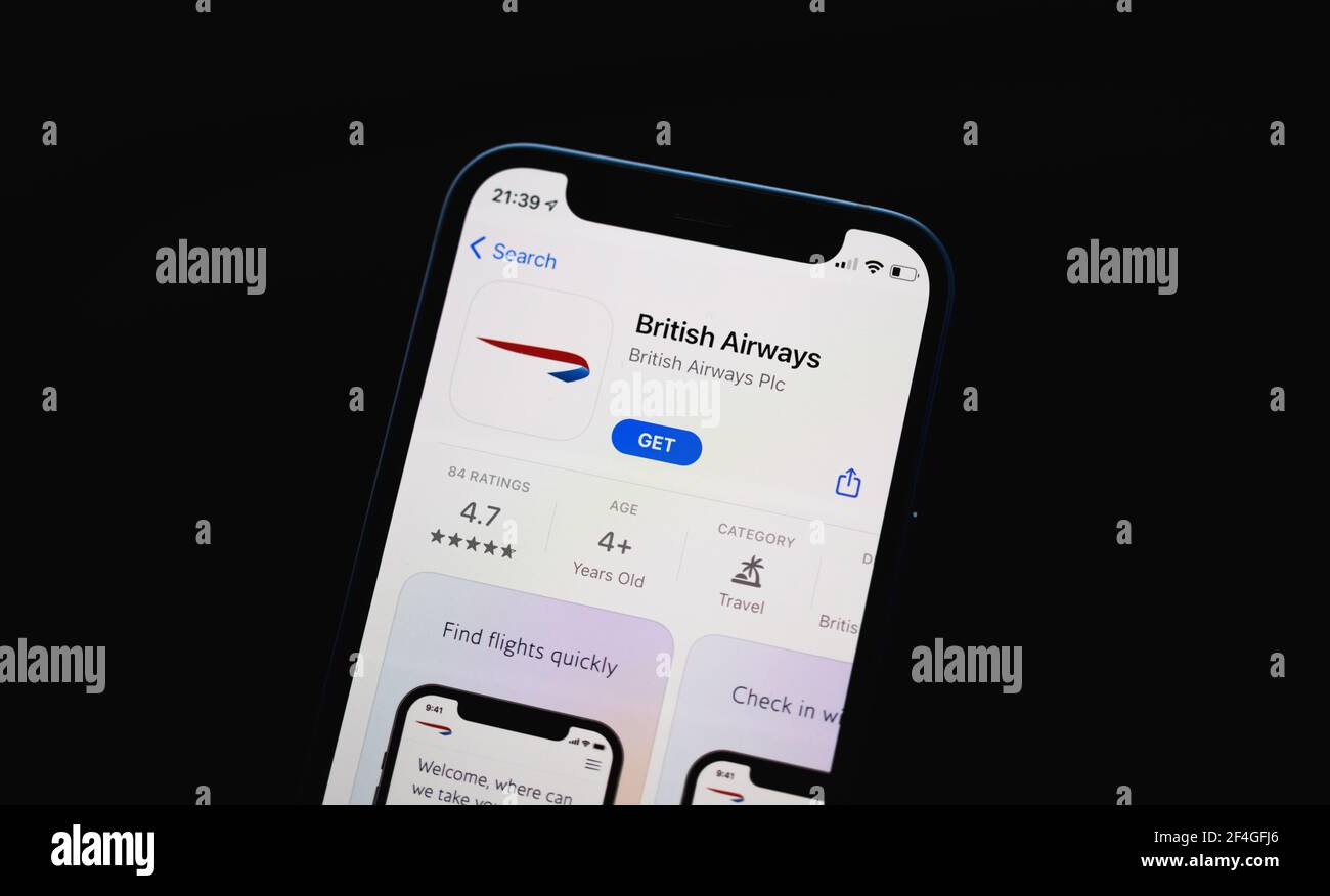 Kharkov, Ukraine - March 17, 2021: British Airways app close up on the ...