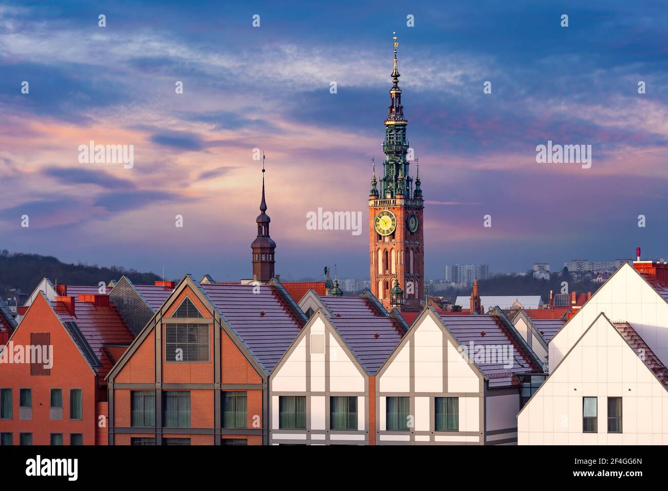 Aerial view of Town Hall at sunset in Old Town of Gdansk, Poland Stock Photo