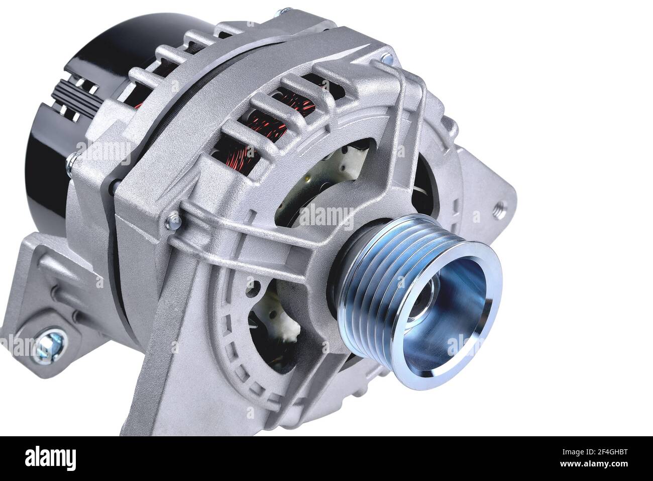car generator, car electrical network element on white background, generator details close-up selective focus Stock Photo