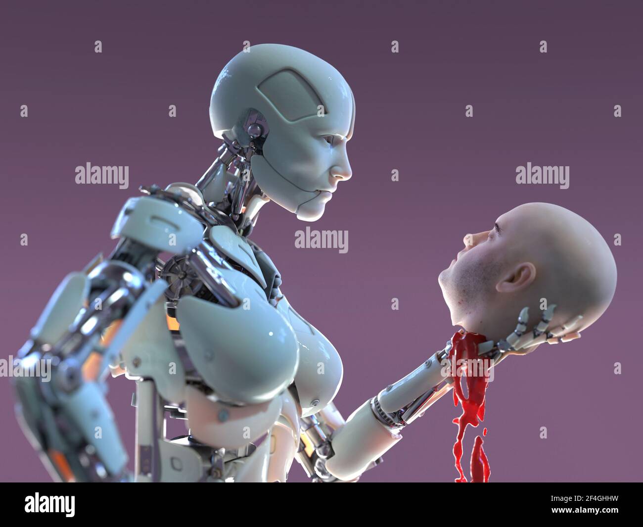 artificial intelligence wins, robot holding a severed human head Stock Photo