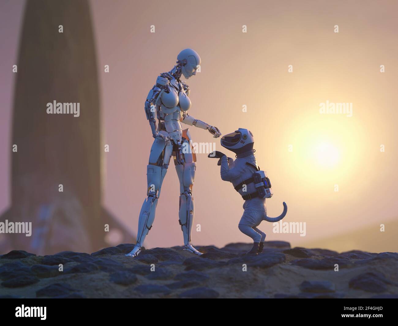 a robot playing with a dog on the surface of Mars Stock Photo