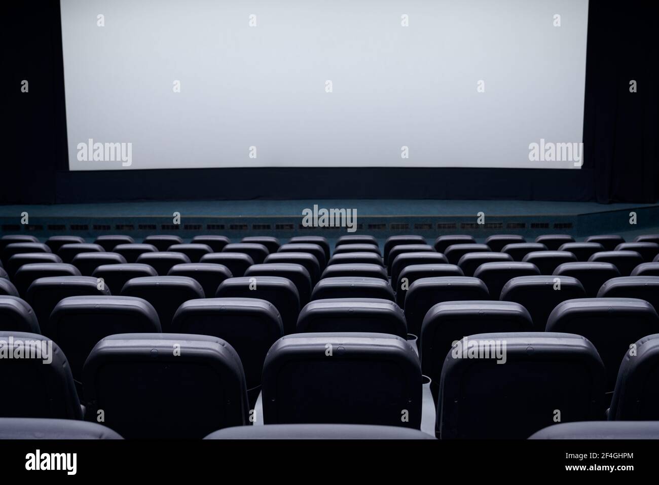 Cinema auditorium with black seats and white blank screen. Concept of interior cinema hall. Stock Photo
