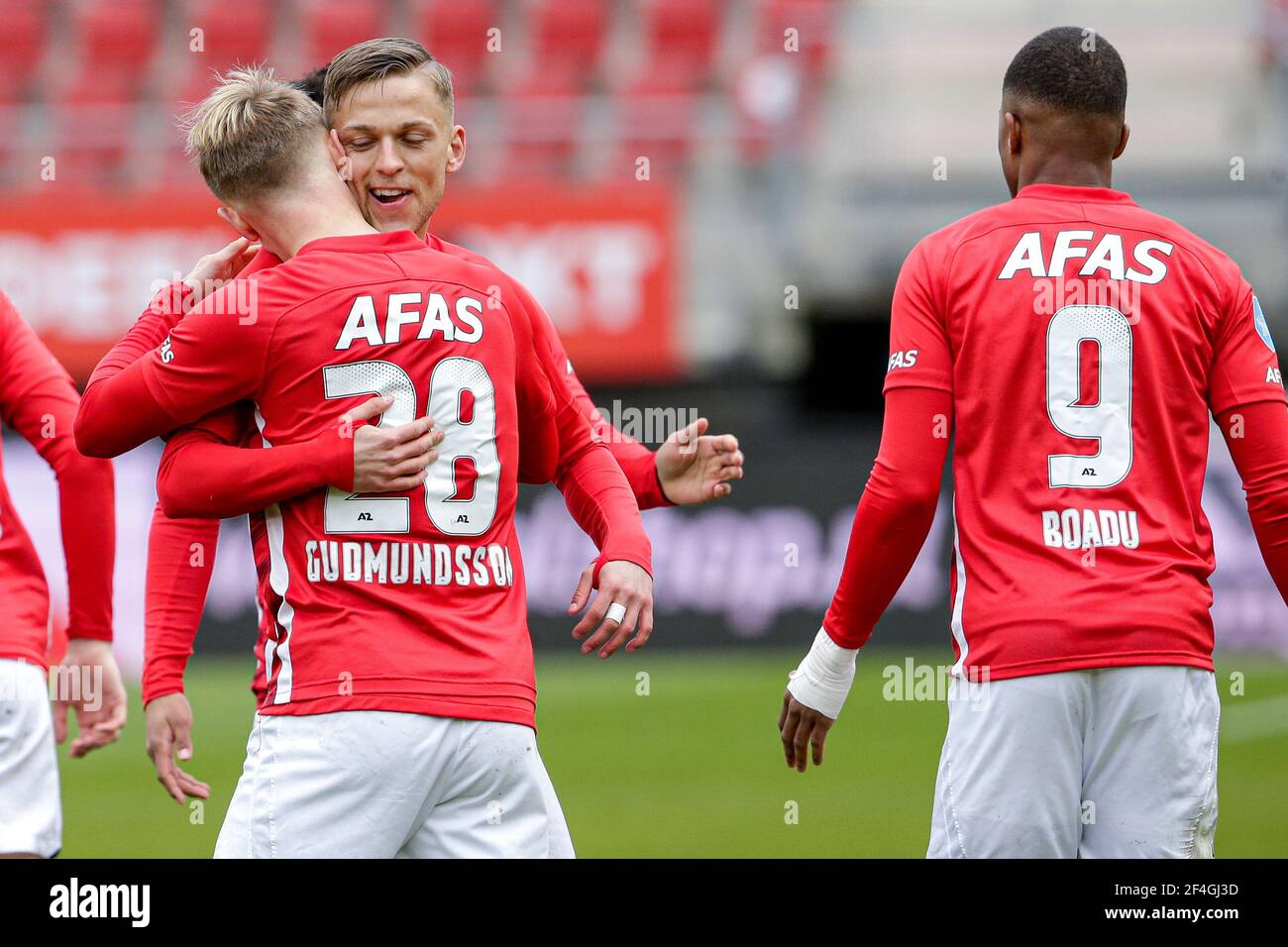 ALKMAAR, NETHERLANDS - MARCH 21: Jesper Karlsson of AZ celebrating the first goal of his side with teammates during the Dutch Eredivsie match between Stock Photo