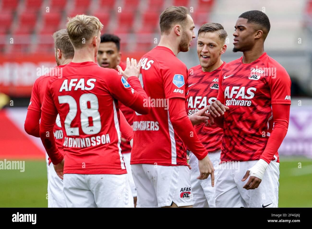 ALKMAAR, NETHERLANDS - MARCH 21: Jesper Karlsson of AZ celebrating the first goal of his side with teammates during the Dutch Eredivsie match between Stock Photo