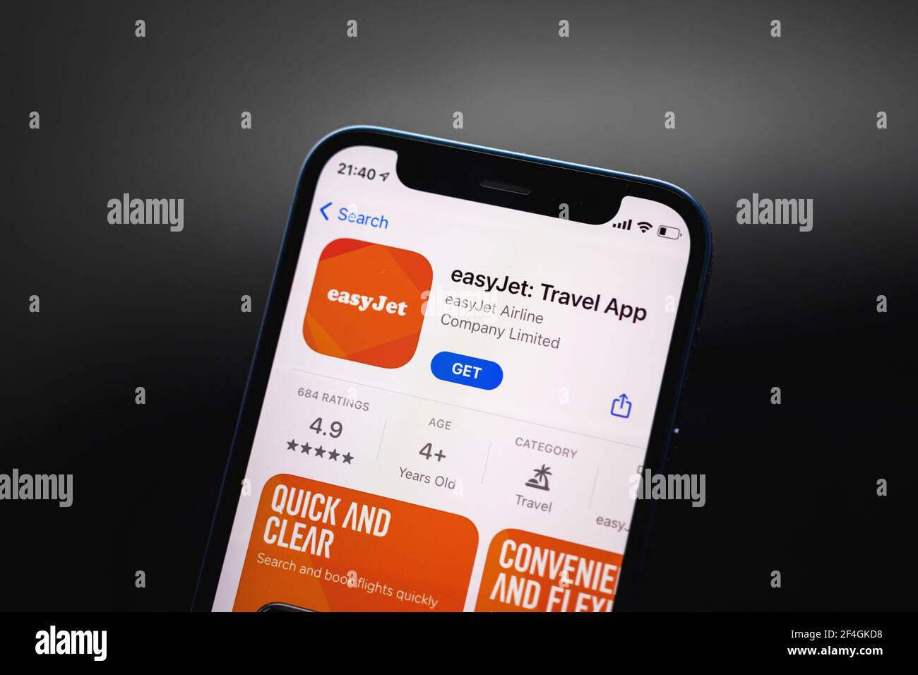 Kharkov, Ukraine - March 17, 2021: Easyjet travel app icon close-up ...