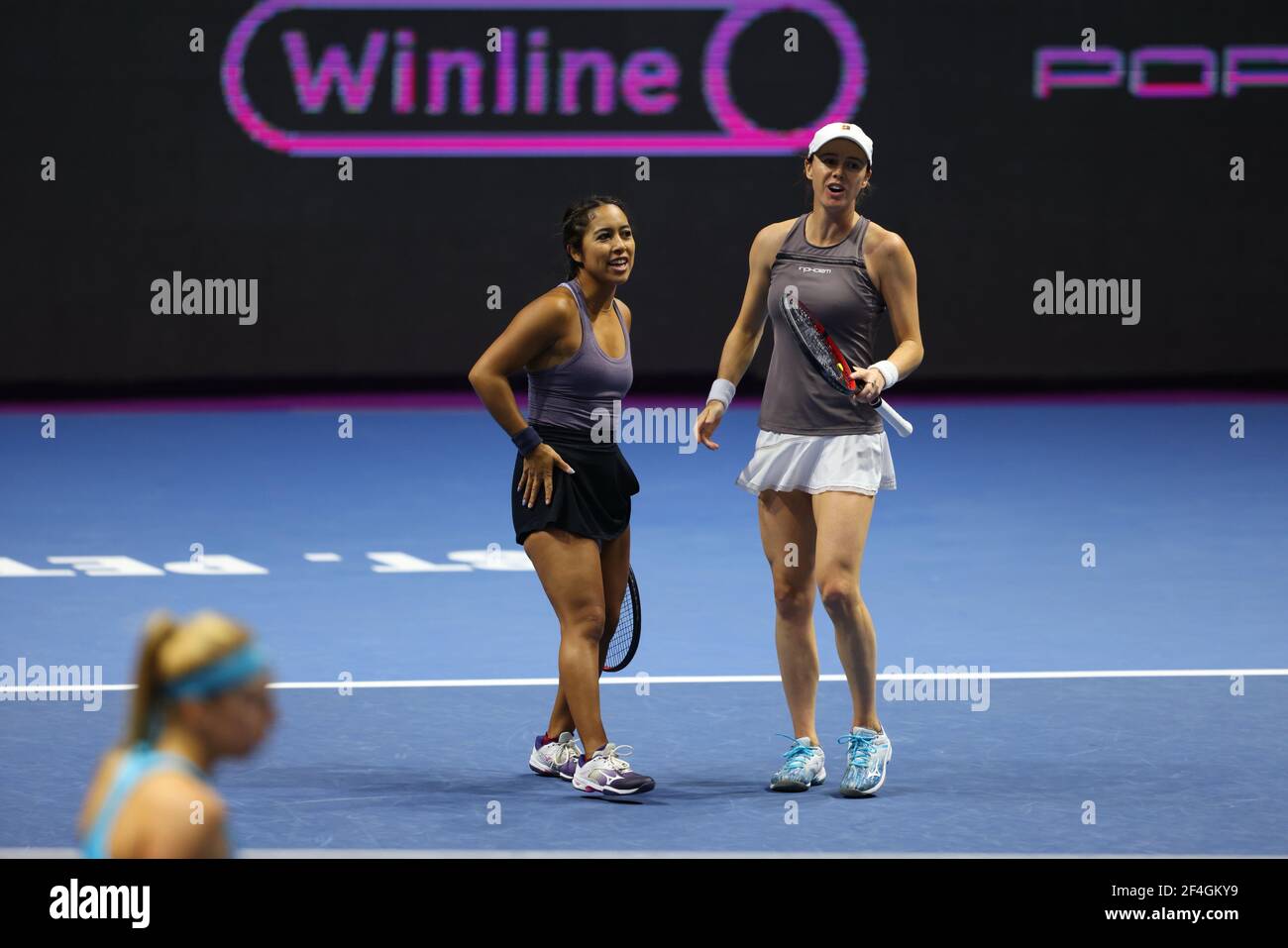 Kaitlyn  Christian and Sabrina Santamaria of USA playing against Nadiia Kichenok of Ukraine and Raluca Olaru of Romania during the St. Petersburg Ladies Trophy 2021 tennis tournament at Sibur Arena.Final score: (Nadiia Kichenok and Raluca Olaru 2-1 Kaitlyn  Christian and Sabrina Santamaria) Stock Photo