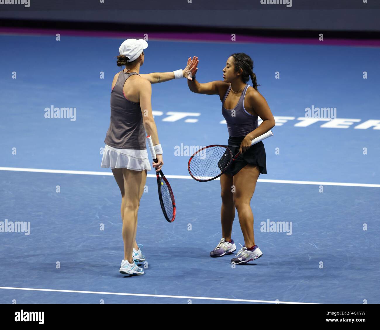 Kaitlyn  Christian and Sabrina Santamaria of USA playing against Nadiia Kichenok of Ukraine and Raluca Olaru of Romania during the St. Petersburg Ladies Trophy 2021 tennis tournament at Sibur Arena.Final score: (Nadiia Kichenok and Raluca Olaru 2-1 Kaitlyn  Christian and Sabrina Santamaria) Stock Photo