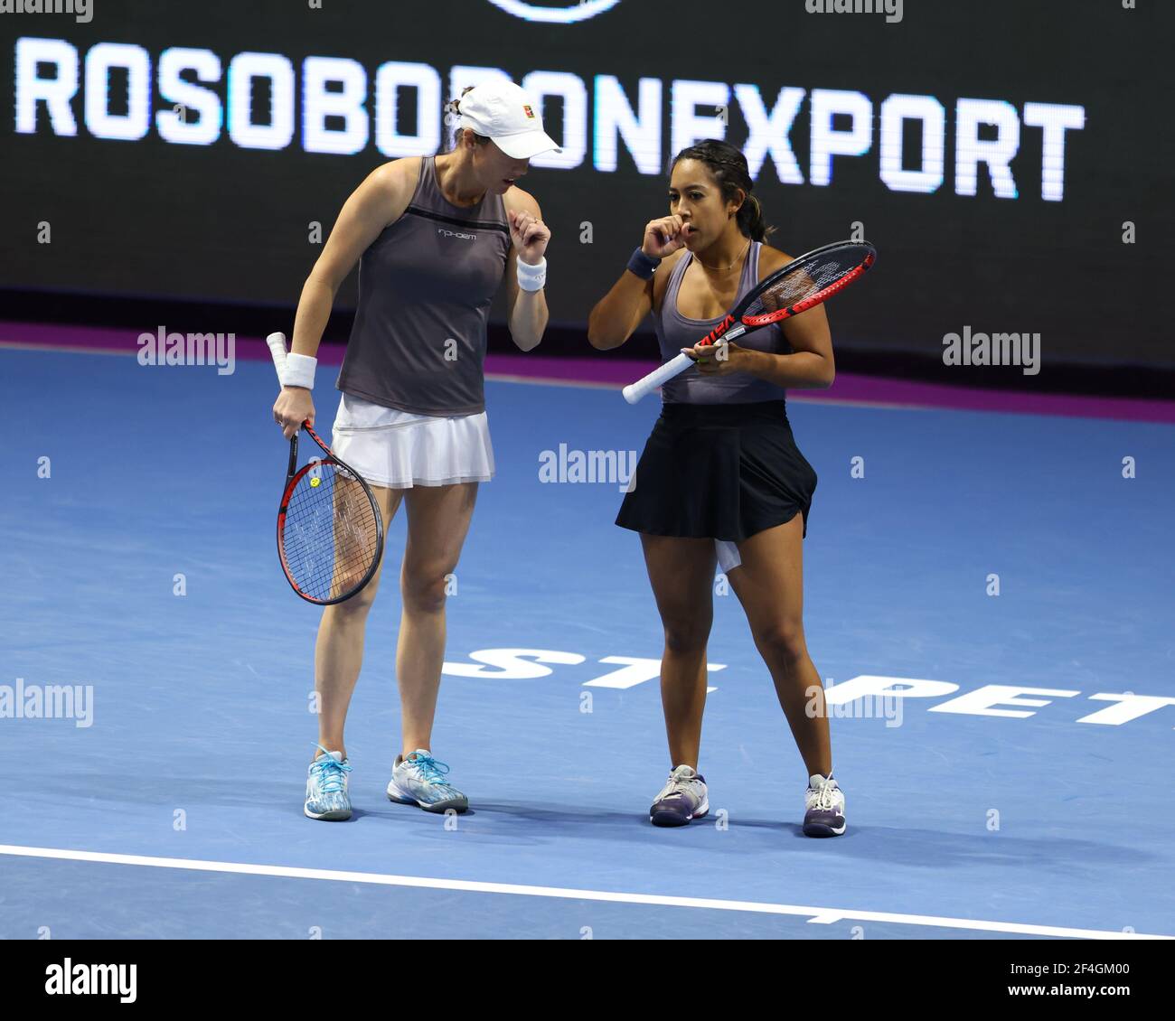 Kaitlyn  Christian and Sabrina Santamaria of USA playing against Nadiia Kichenok of Ukraine and Raluca Olaru of Romania during the St. Petersburg Ladies Trophy 2021 tennis tournament at Sibur Arena.Final score: (Nadiia Kichenok and Raluca Olaru 2-1 Kaitlyn  Christian and Sabrina Santamaria) Stock Photo