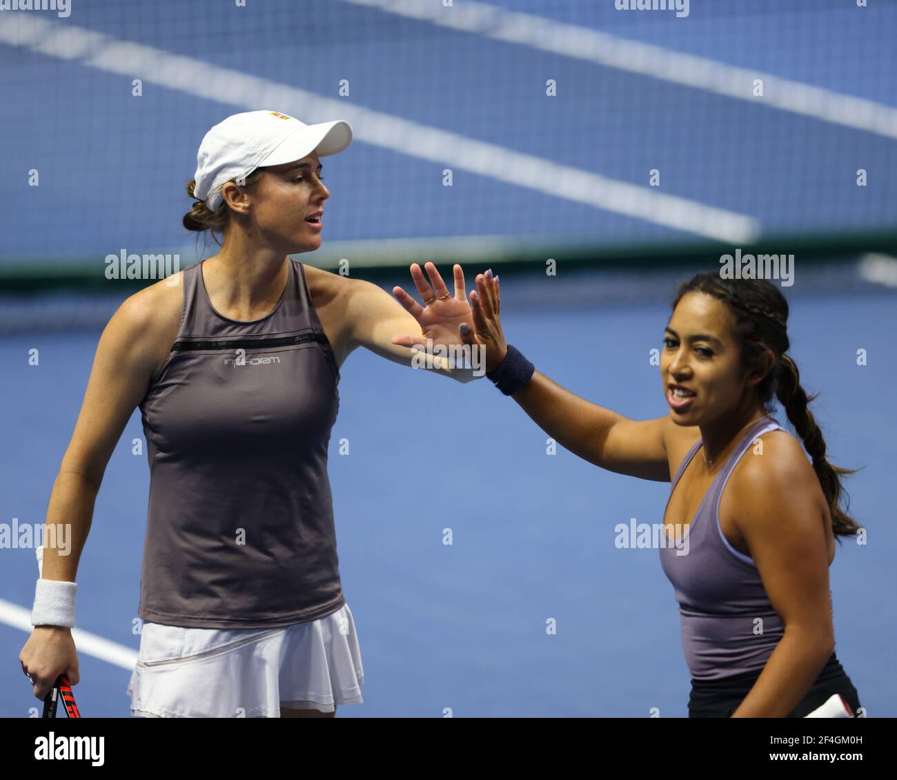 Kaitlyn  Christian and Sabrina Santamaria of USA playing against Nadiia Kichenok of Ukraine and Raluca Olaru of Romania during the St. Petersburg Ladies Trophy 2021 tennis tournament at Sibur Arena.Final score: (Nadiia Kichenok and Raluca Olaru 2-1 Kaitlyn  Christian and Sabrina Santamaria) Stock Photo