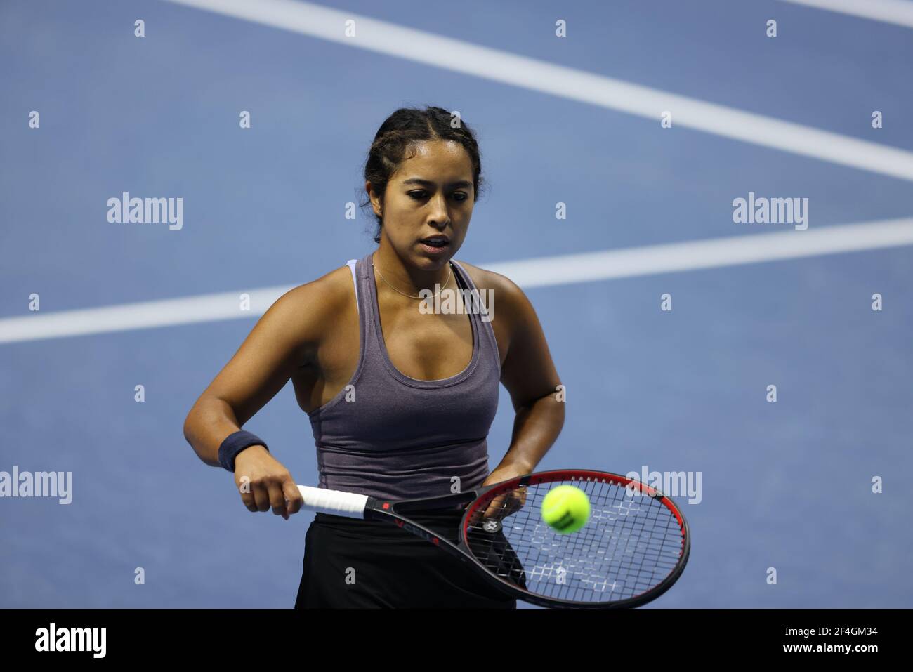 Sabrina Santamaria of USA playing against Nadiia Kichenok of Ukraine and Raluca Olaru of Romania during the St. Petersburg Ladies Trophy 2021 tennis tournament at Sibur Arena.Final score: (Nadiia Kichenok and Raluca Olaru 2-1 Kaitlyn  Christian and Sabrina Santamaria) Stock Photo