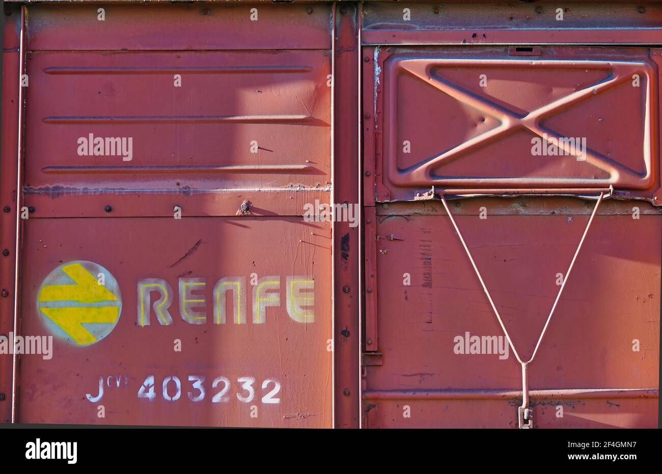 Detail of a rusty metal wagon of a RENFE train (National Network of Spanish Railways) Stock Photo