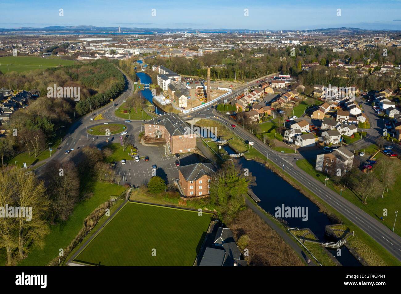 Aerial view of the Forth and Clyde canal at Camelon, Falkirk. Stock Photo