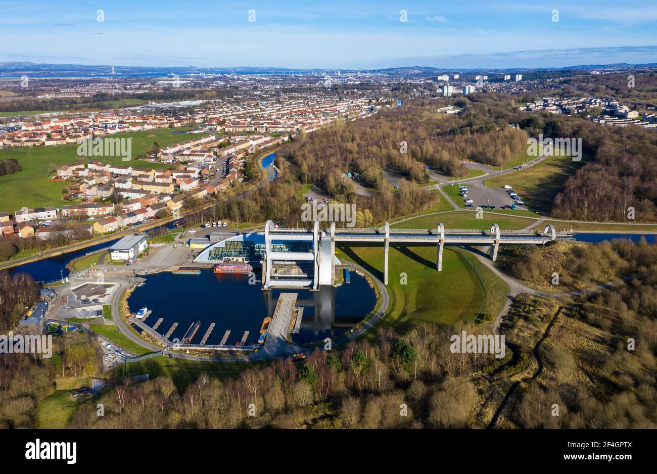 Aerial view of the The Falkirk Wheel a rotating boat lift in central Scotland, connecting the Forth and Clyde Canal with the Union Canal. Stock Photo