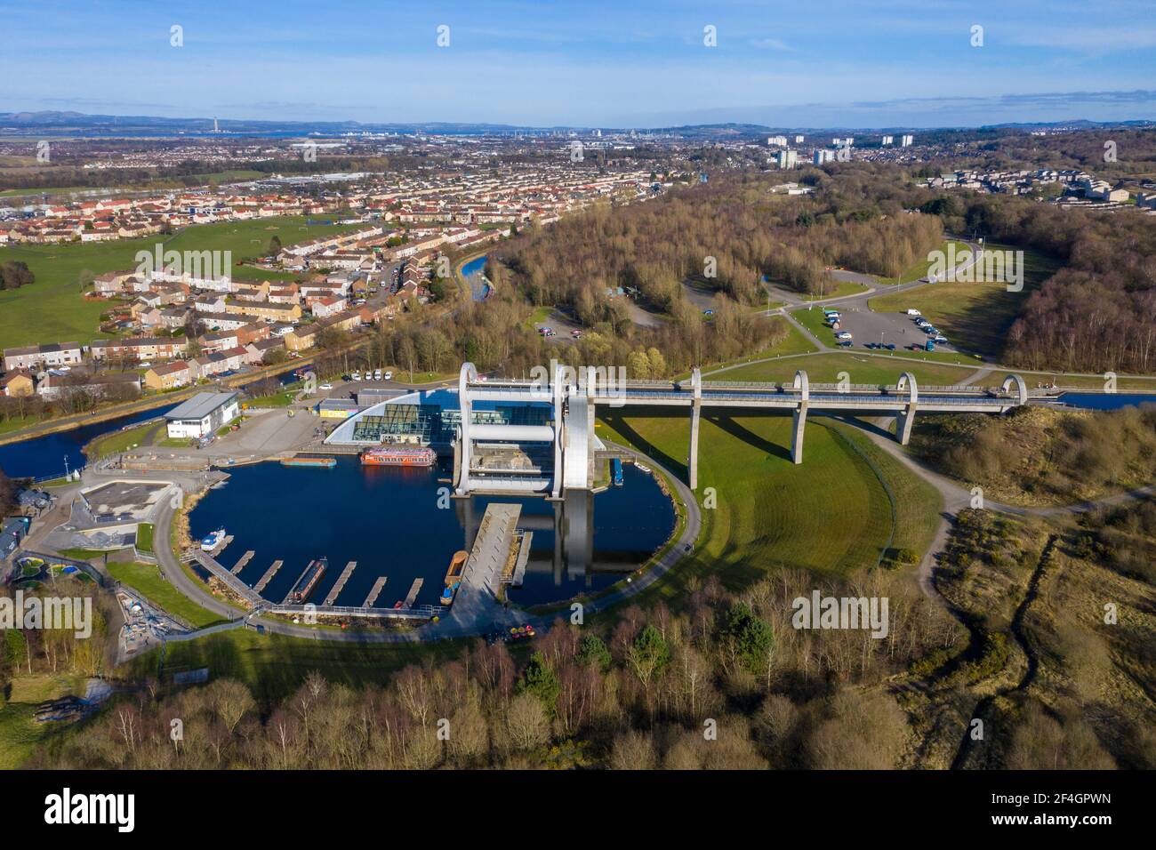 Aerial view of the The Falkirk Wheel a rotating boat lift in central Scotland, connecting the Forth and Clyde Canal with the Union Canal. Stock Photo