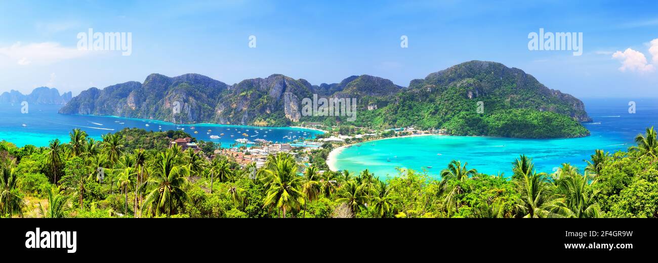 Panoramic view at viewpoint of beautiful tropical Phi Phi island in Krabi province, Thailand. Famous Koh Phi Phi Don island with white sand beach and Stock Photo