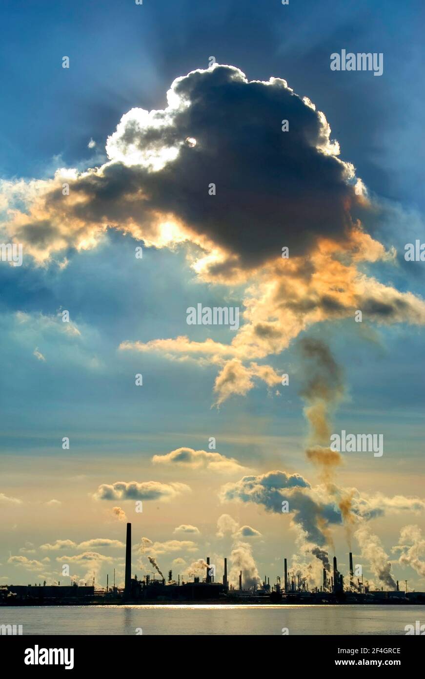 Air Pollution Spews from Industry on the Banks of the St. Clair River, Michigan Stock Photo