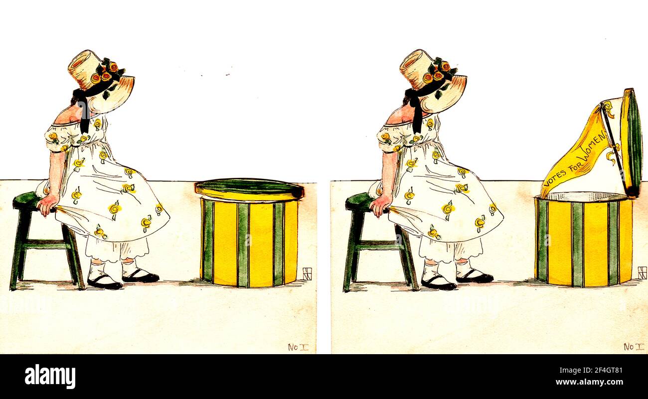 Two images of a suffrage-era, mechanical trade card, with a young girl watching a hat box, with a lid that opens to reveal a 'Votes for Women' pennant, published for the American market, 1900. Photography by Emilia van Beugen. () Stock Photo
