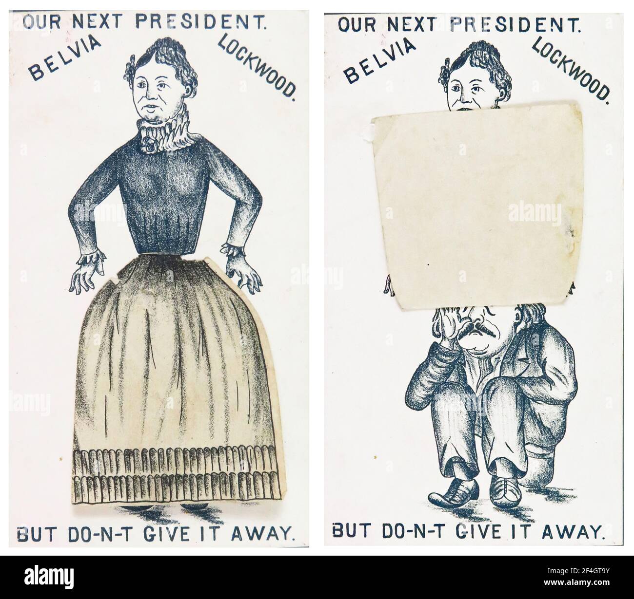 Two images of a Belva Lockwood trade card or ink blotter, with a skirt that lifts to reveal politician Benjamin Butler, and the text 'Our Next President, Belvia Lockwood, But Do-n-t Give It Away, ' published for the American market, 1884. Photography by Emilia van Beugen. () Stock Photo