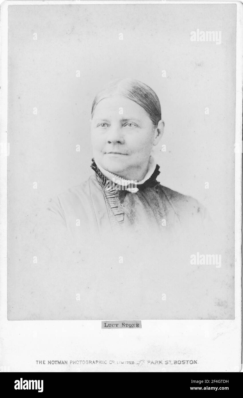 Cabinet photo with a portrait, from the chest up, of suffragist and abolitionist Lucy Stone, photographed by The Notman Photographic Company Limited, Boston, Massachusetts, 1885. Photography by Emilia van Beugen. () Stock Photo