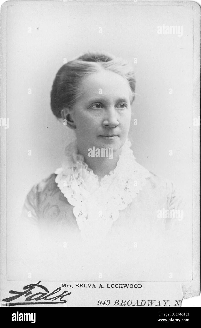 Cabinet photo, with a close-up portrait of suffragist, attorney, and author Belva Lockwood, photographed by Falk, New York, 1885. Photography by Emilia van Beugen. () Stock Photo